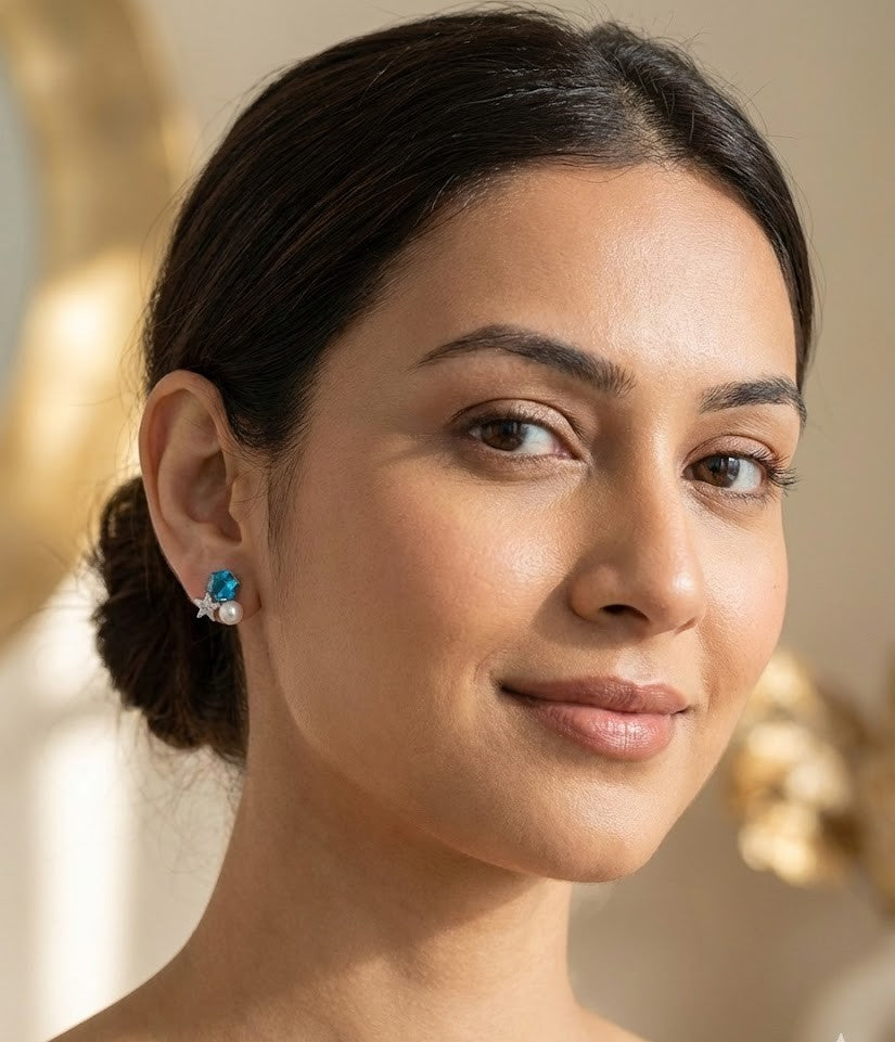 Elegant Crystal and Pearl Drop Earrings with Star Accents