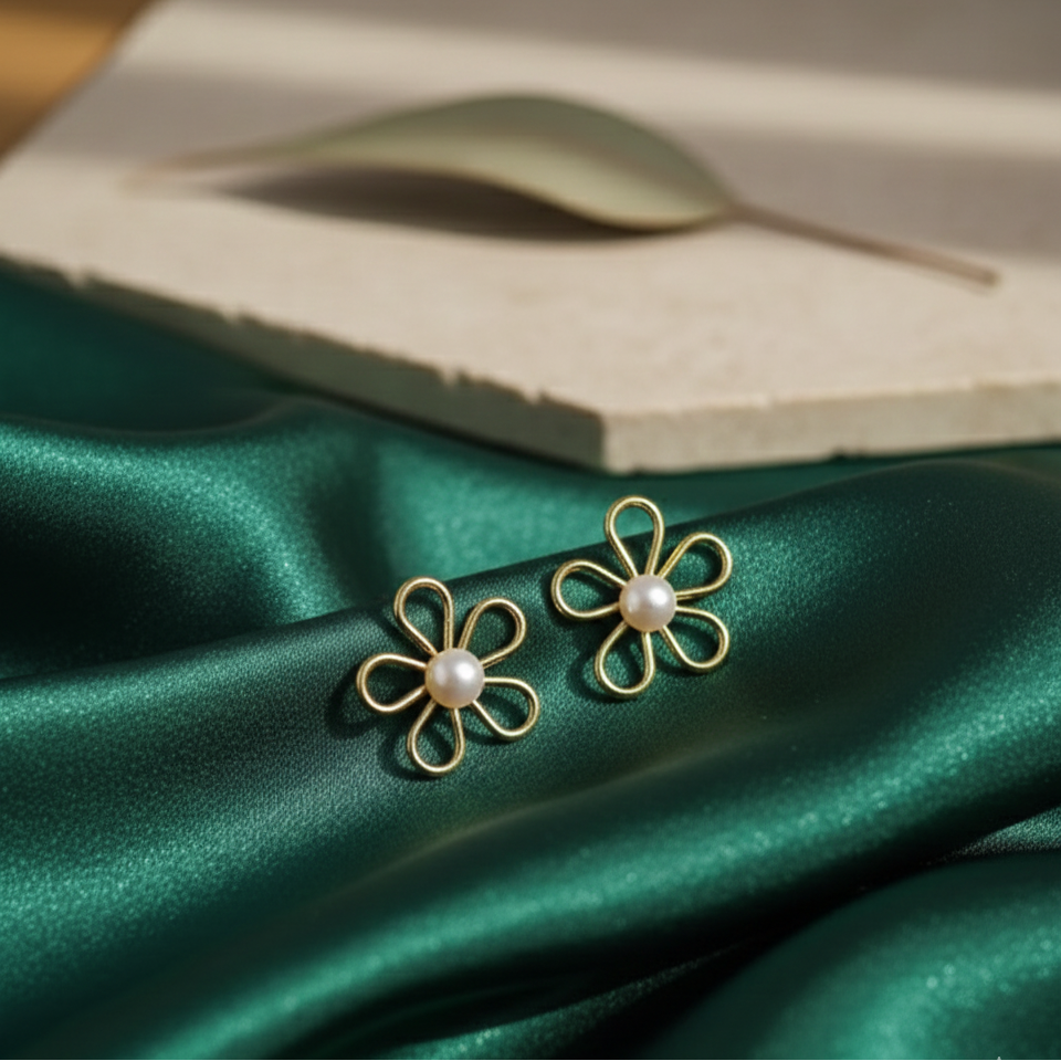 Gold Plated Flower Pearl Stud Earrings – Minimalist Daisy Wire Floral Earrings