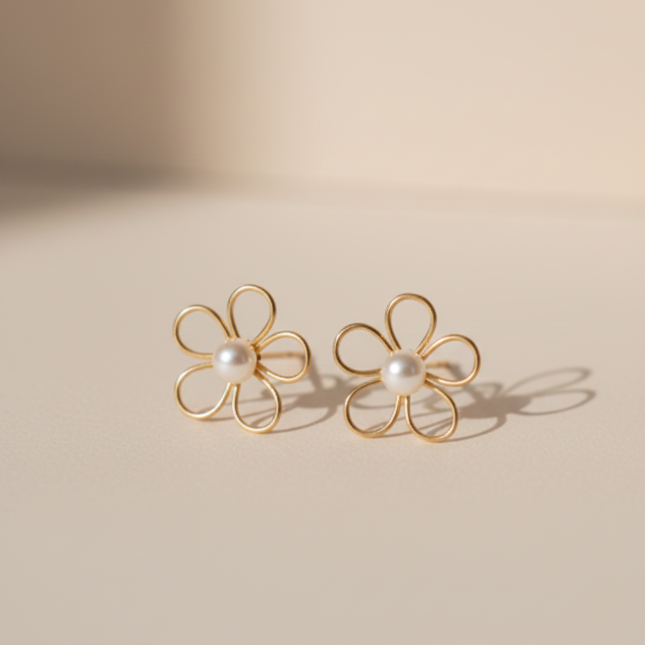 Gold Plated Flower Pearl Stud Earrings – Minimalist Daisy Wire Floral Earrings