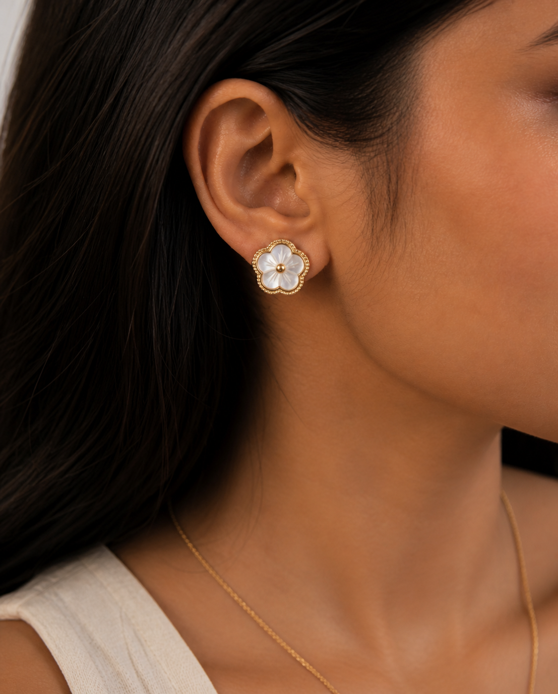 Gold Flower Stud Earrings - Mother of Pearl Floral Jewelry