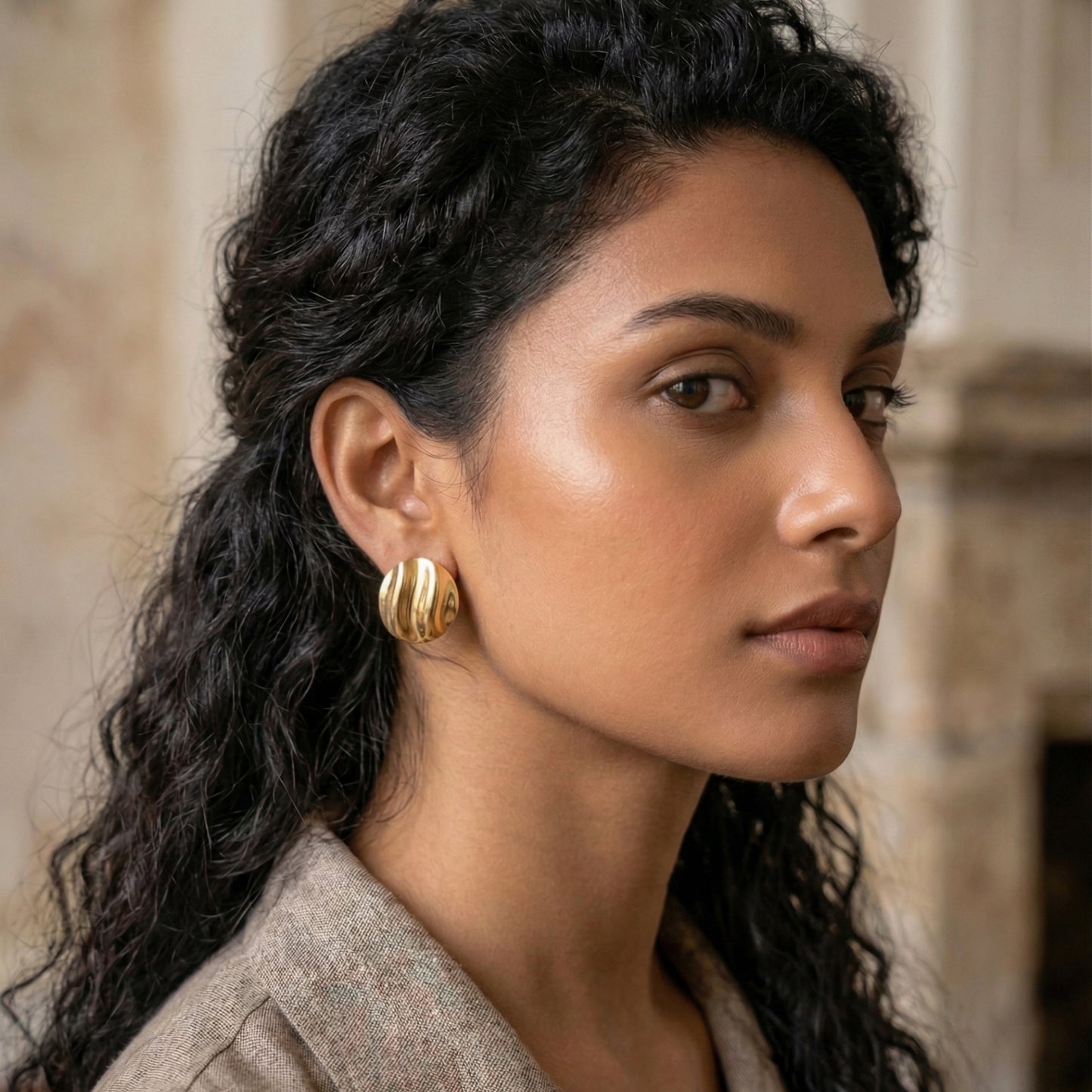 Gold Textured Round Stud Earrings