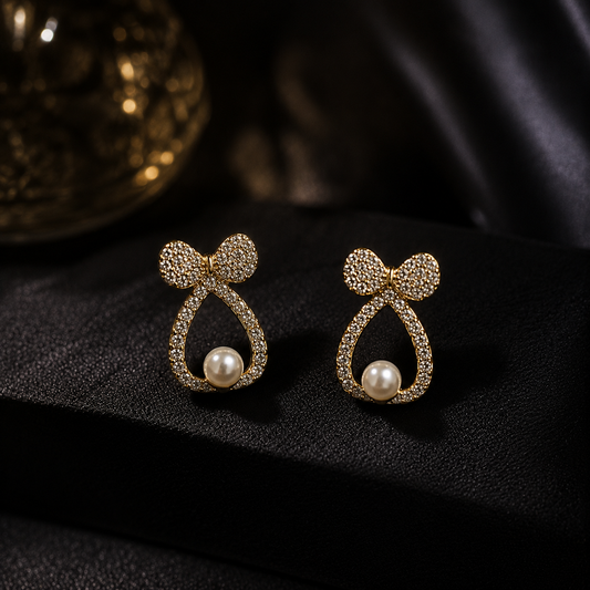 Gold Pearl Bow Drop Earrings for Women | CZ Crystal Stainless Steel Designer Earrings | Luxury Statement Earrings