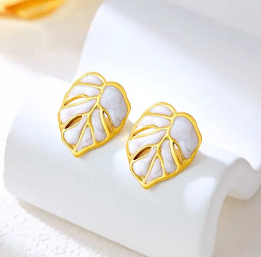 Gold Monstera Leaf Stud Earrings for Women | White Enamel Stainless Steel Nature-Inspired Designer Earrings