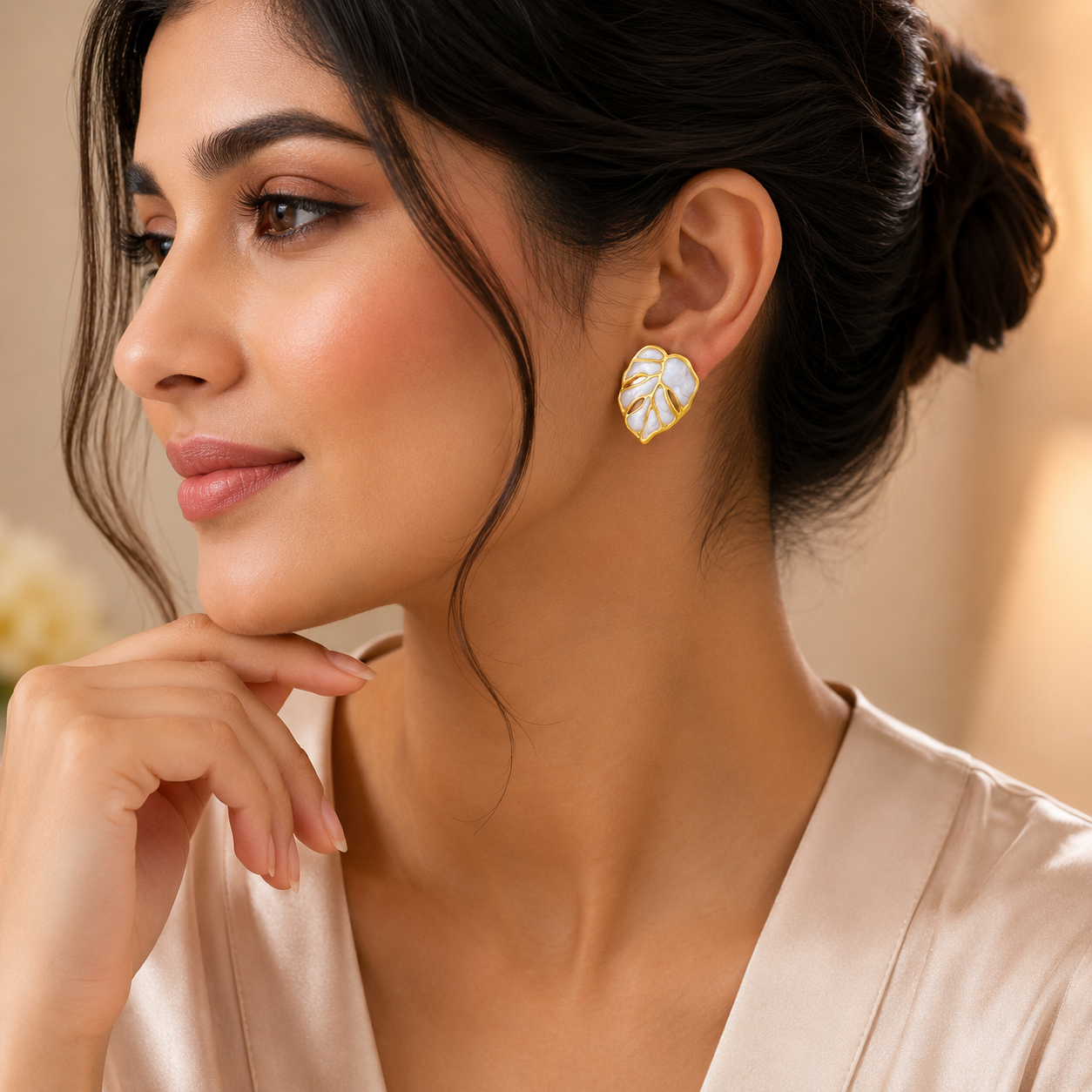 Gold Monstera Leaf Stud Earrings for Women | White Enamel Stainless Steel Nature-Inspired Designer Earrings