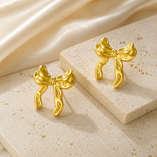 Gold Bow Stud Earrings for Women | Cute Ribbon Earrings | Minimalist Designer Earrings