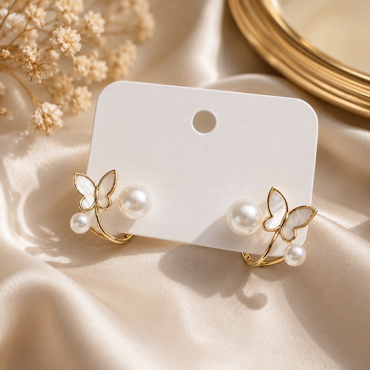 Gold Butterfly Pearl Stud Earrings for Women