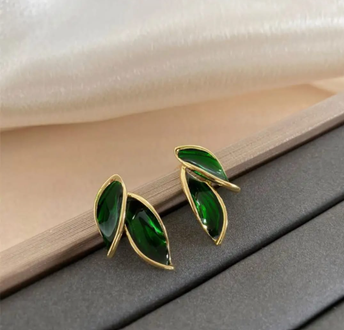 Gold Green Leaf Stud Earrings for Women