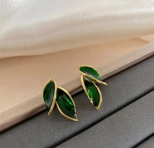 Gold Green Leaf Stud Earrings for Women