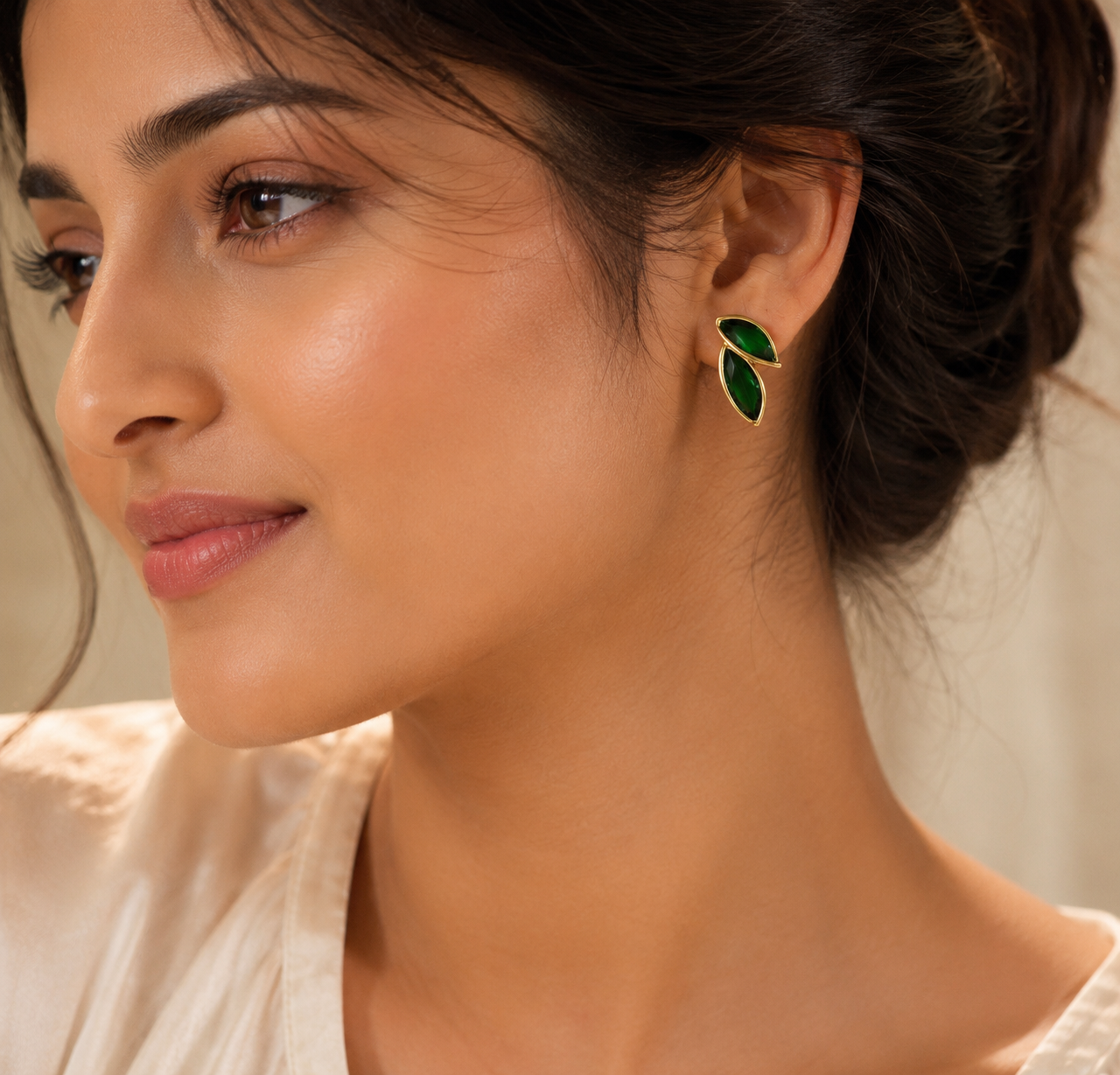 Gold Green Leaf Stud Earrings for Women
