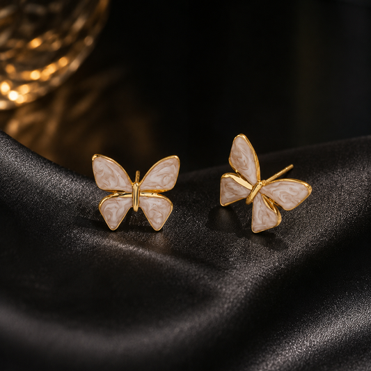 Gold Butterfly Stud Earrings for Women | Pearl White Enamel Butterfly Earrings