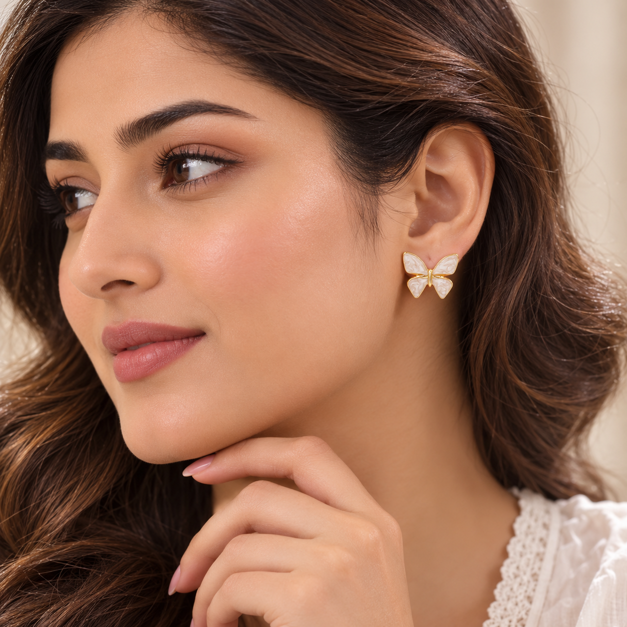 Gold Butterfly Stud Earrings for Women | Pearl White Enamel Butterfly Earrings