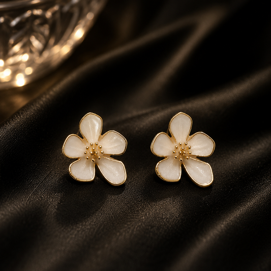 White Floral Stud Earrings for Women | Gold Plated Flower Earrings