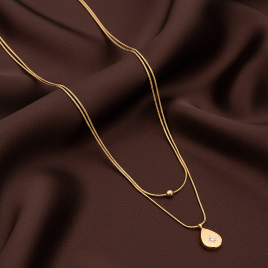Dainty Gold Layered Teardrop Necklace | Minimalist Starburst Pendant