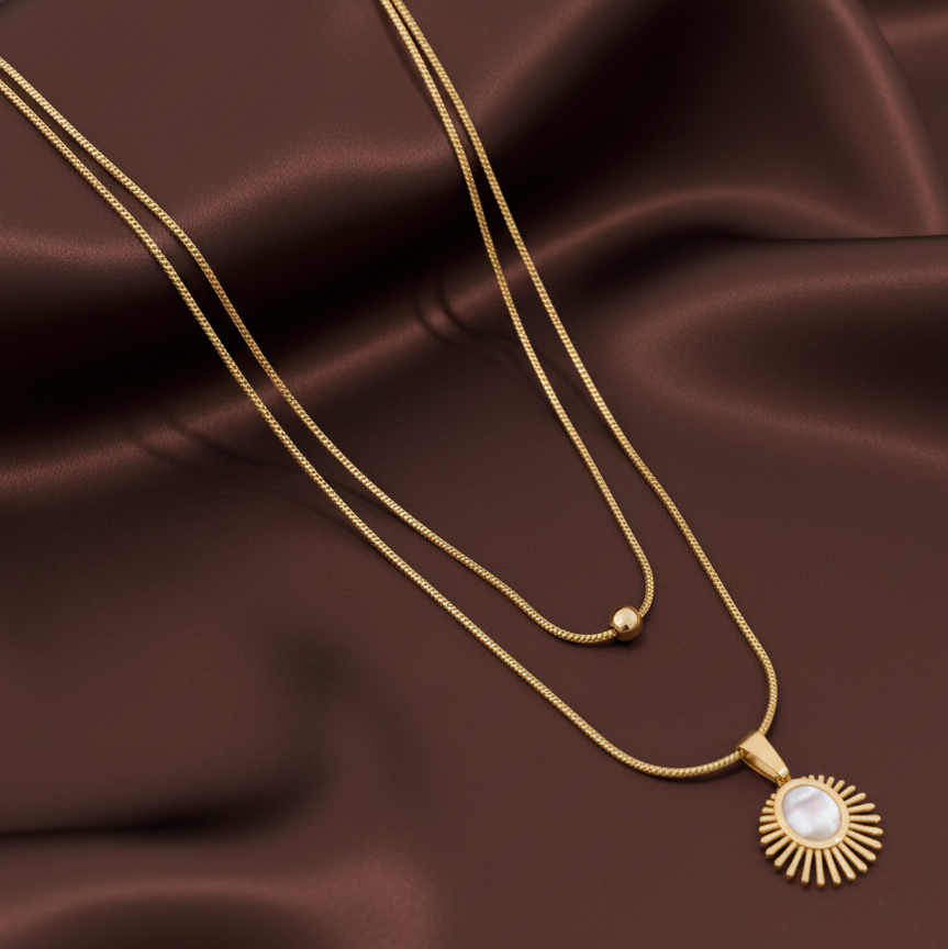 Dainty Gold Layered Sun Pendant Necklace | Minimalist Teardrop & Starburst Chain Jewelry