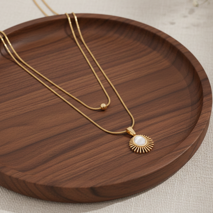 Dainty Gold Layered Sun Pendant Necklace | Minimalist Teardrop & Starburst Chain Jewelry