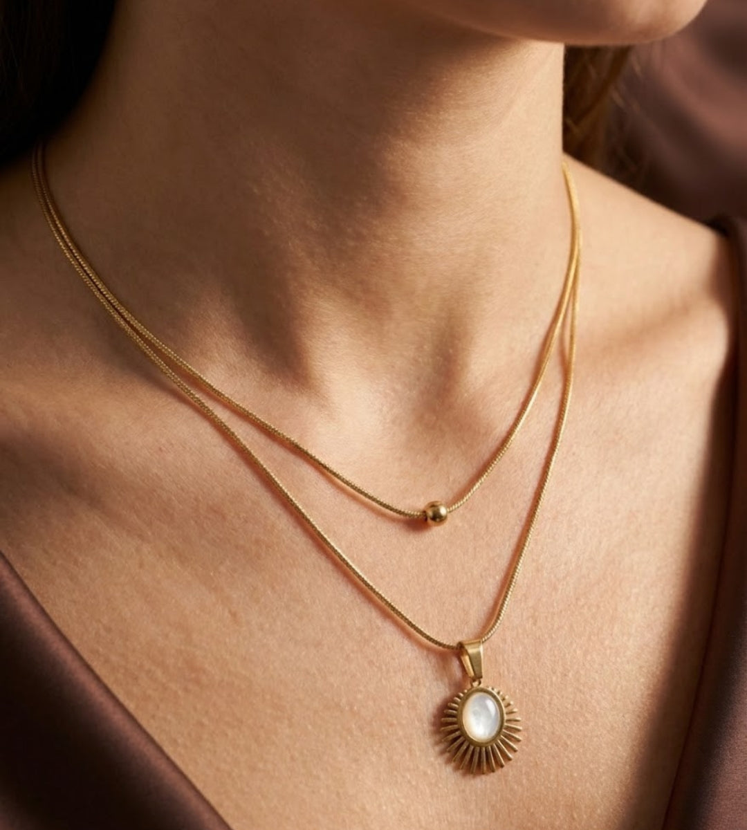 Dainty Gold Layered Sun Pendant Necklace | Minimalist Teardrop & Starburst Chain Jewelry