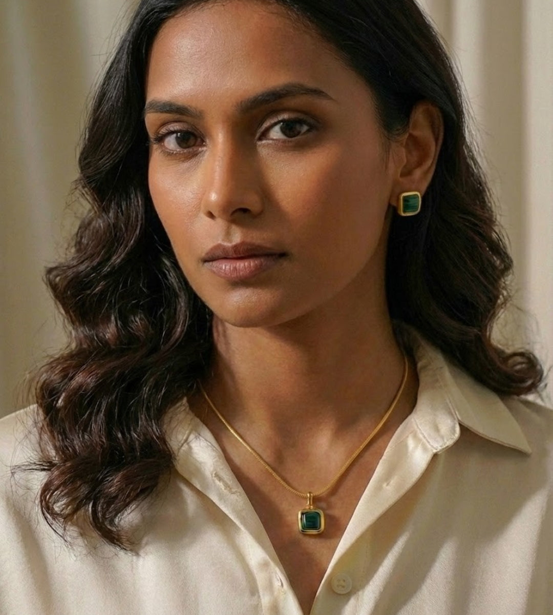 Malachite Green Square Pendant Necklace & Earrings Set