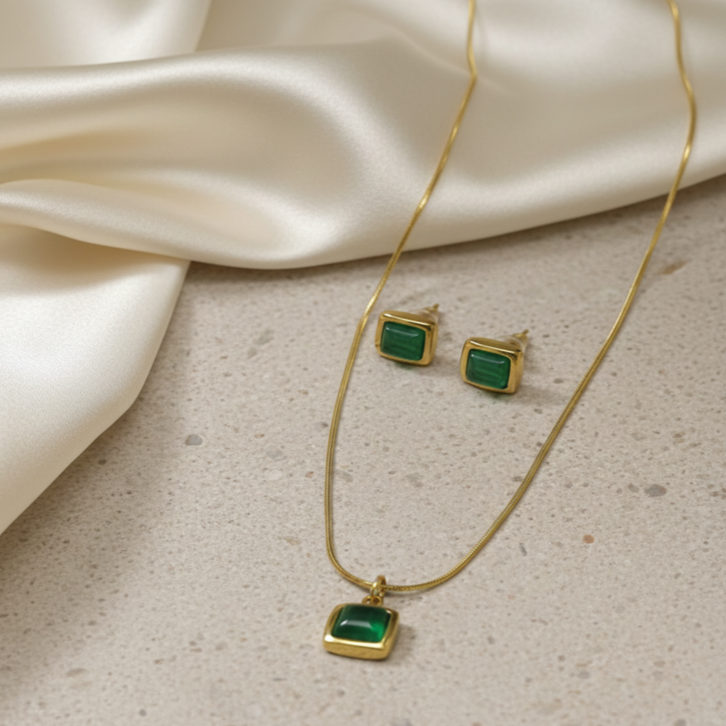 Malachite Green Square Pendant Necklace & Earrings Set