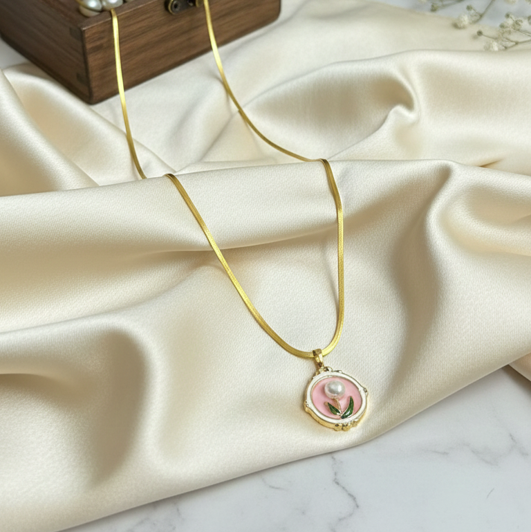 Vintage-Inspired Pink Enamel Tulip Necklace with Freshwater Pearl– Victorian Style Floral Pe