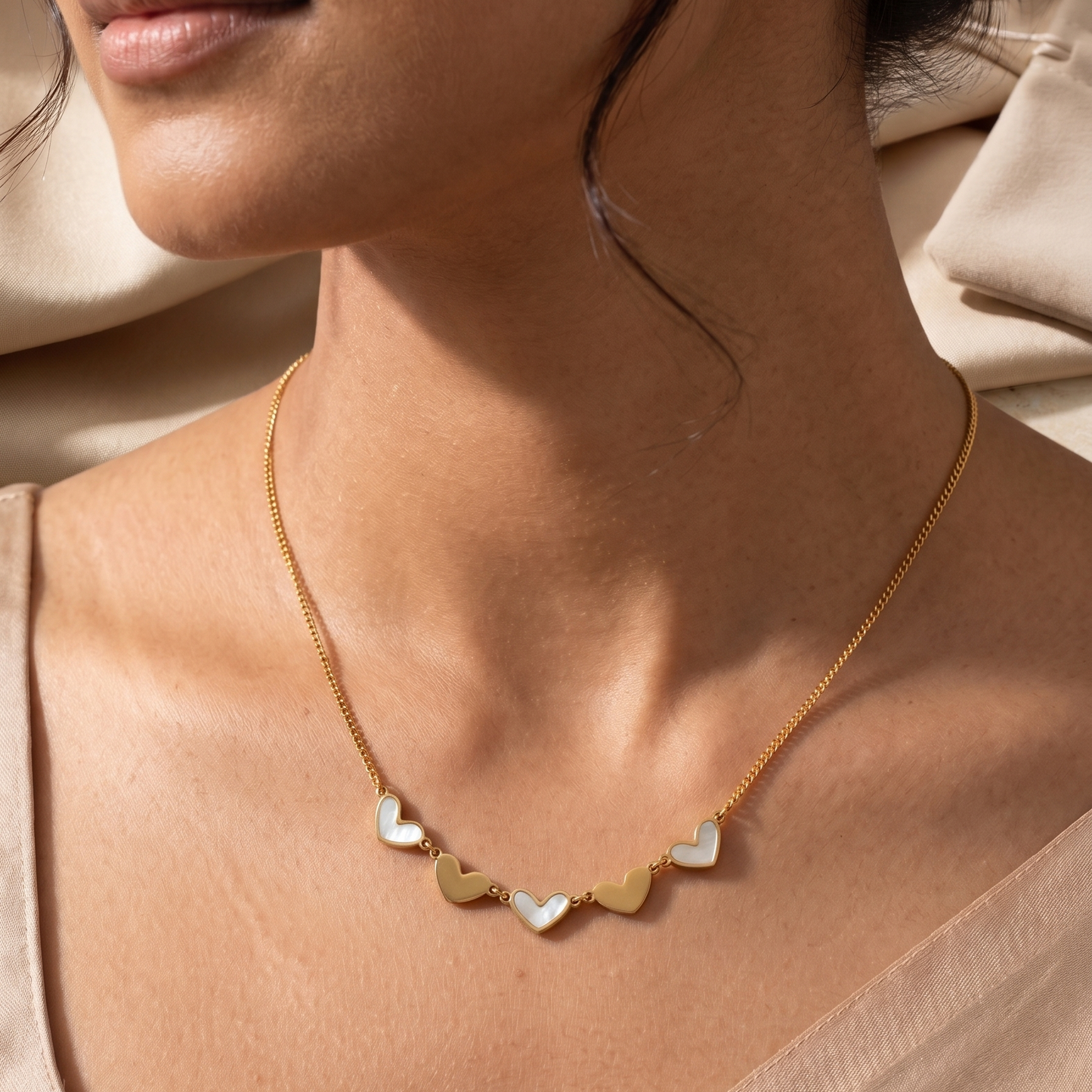 Gold Mother of Pearl Multi Heart Necklace