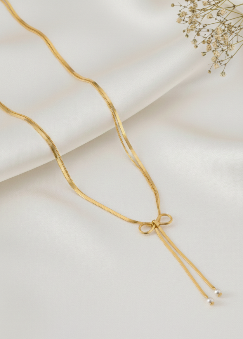 Elegant Gold Bow Pendant Necklace | Minimal Pearl Drop Chain