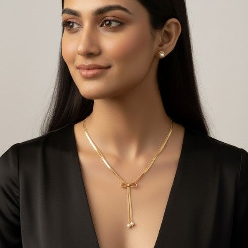 Elegant Gold Bow Pendant Necklace | Minimal Pearl Drop Chain