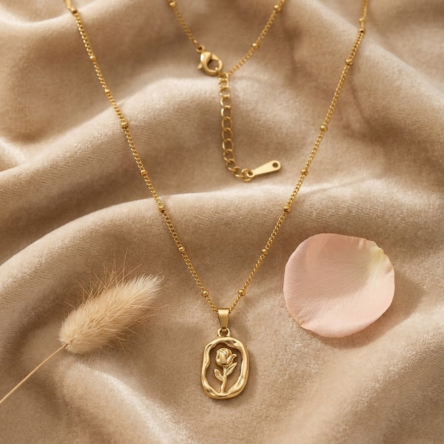 Gold Rose Oval Pendant Locket