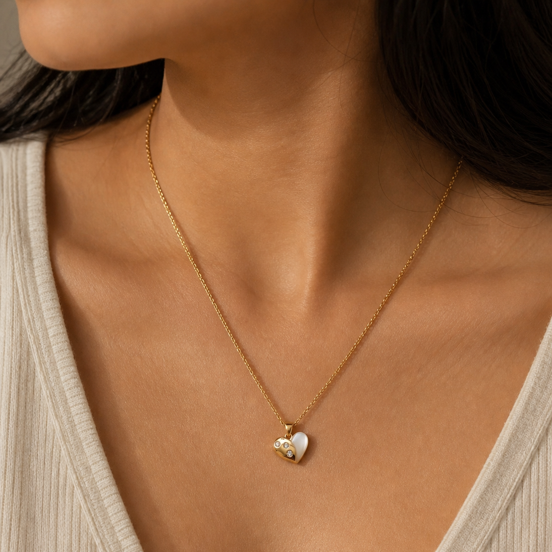 Gold Heart Necklace with Mother of Pearl & Crystals