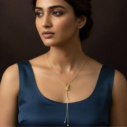 Minimal Gold Adjustable Lariat Necklace | Textured Pendant Drop Chain