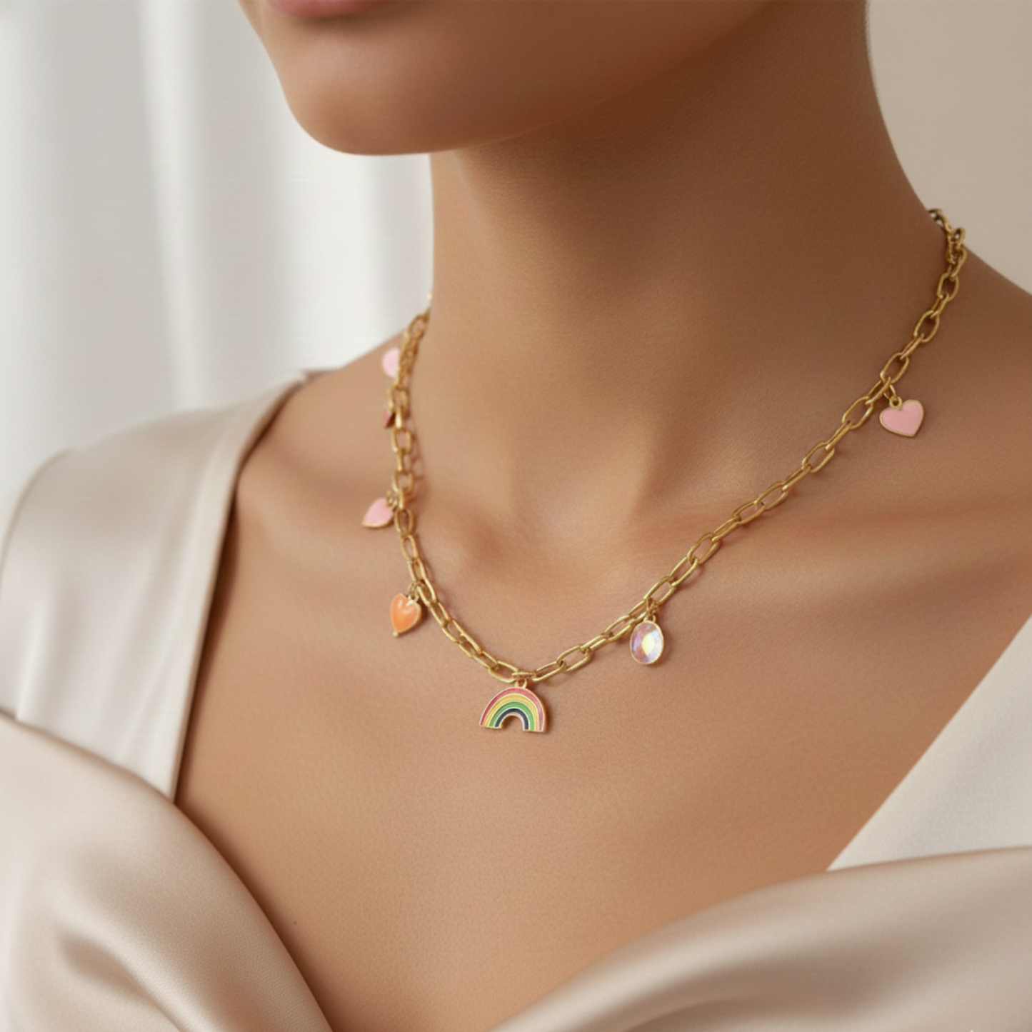 Gold Charm Necklace | Heart & Rainbow Pendant Chain | Trendy Statement Jewellery