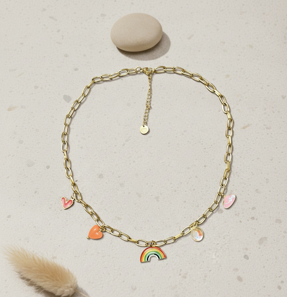 Gold Charm Necklace | Heart & Rainbow Pendant Chain | Trendy Statement Jewellery