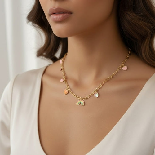 Gold Charm Necklace | Heart & Rainbow Pendant Chain | Trendy Statement Jewellery