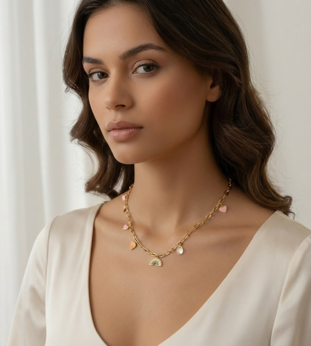 Gold Charm Necklace | Heart & Rainbow Pendant Chain | Trendy Statement Jewellery