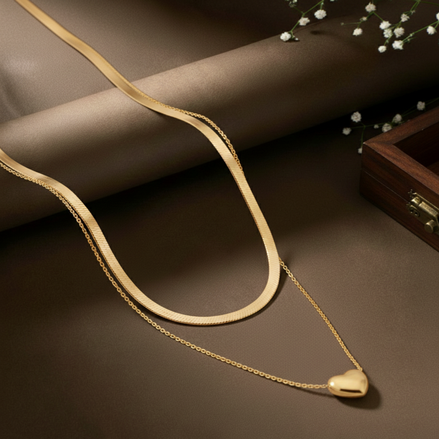 Gold Layered Necklace | Heart Pendant & Flat Chain | Trendy Minimal Jewellery