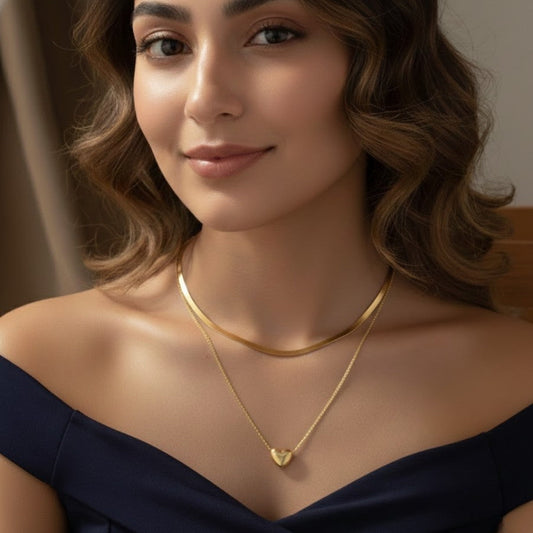 Gold Layered Necklace | Heart Pendant & Flat Chain | Trendy Minimal Jewellery