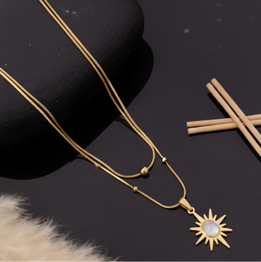 Gold Sun Pendant Necklace | Layered Chain with Stone