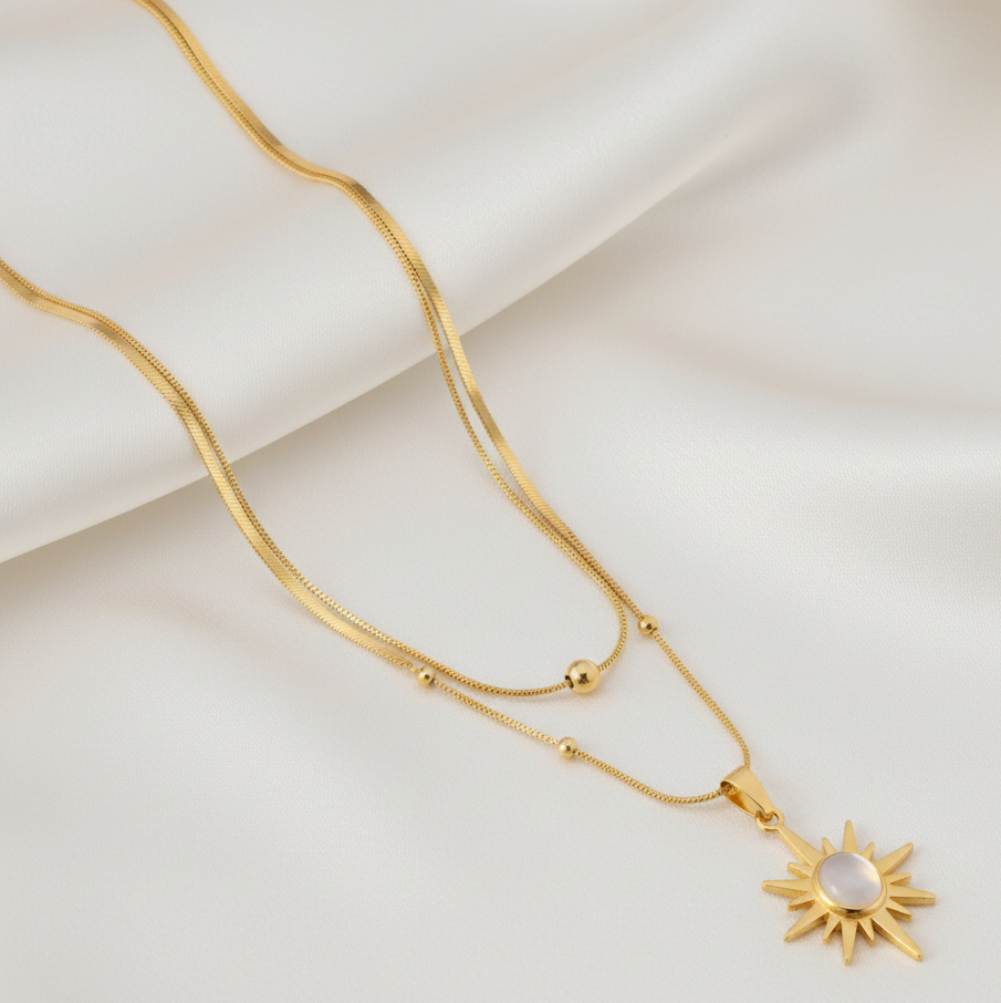Gold Sun Pendant Necklace | Layered Chain with Stone