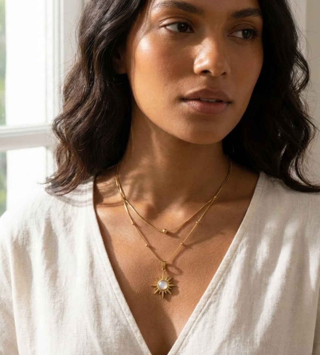 Gold Sun Pendant Necklace | Layered Chain with Stone