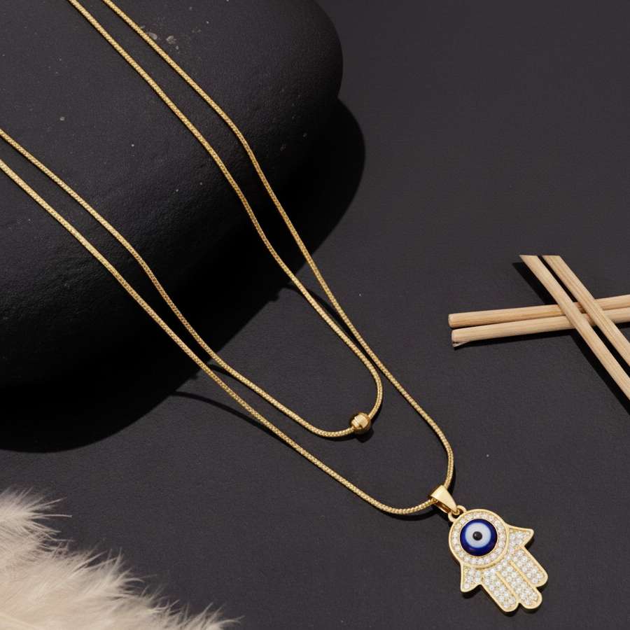 Evil Eye Hamsa Pendant Necklace | Gold Layered Chain | Trendy Protection Jewellery