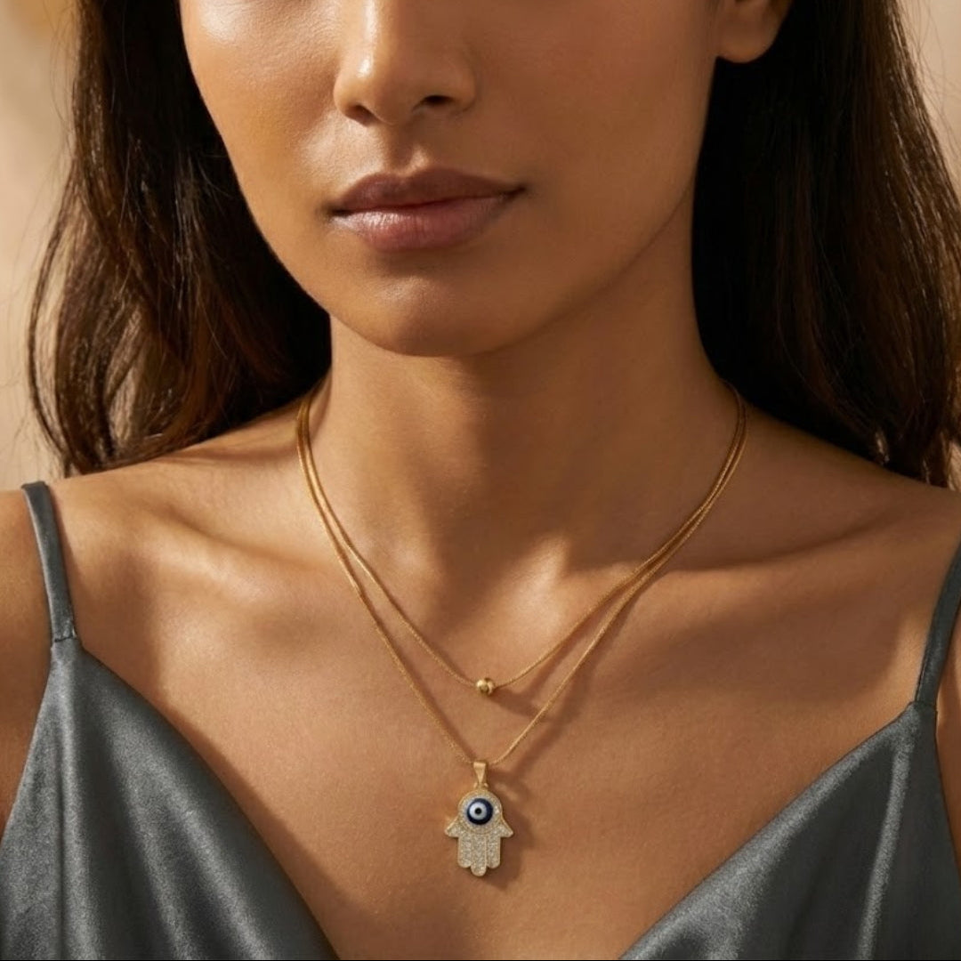Evil Eye Hamsa Pendant Necklace | Gold Layered Chain | Trendy Protection Jewellery