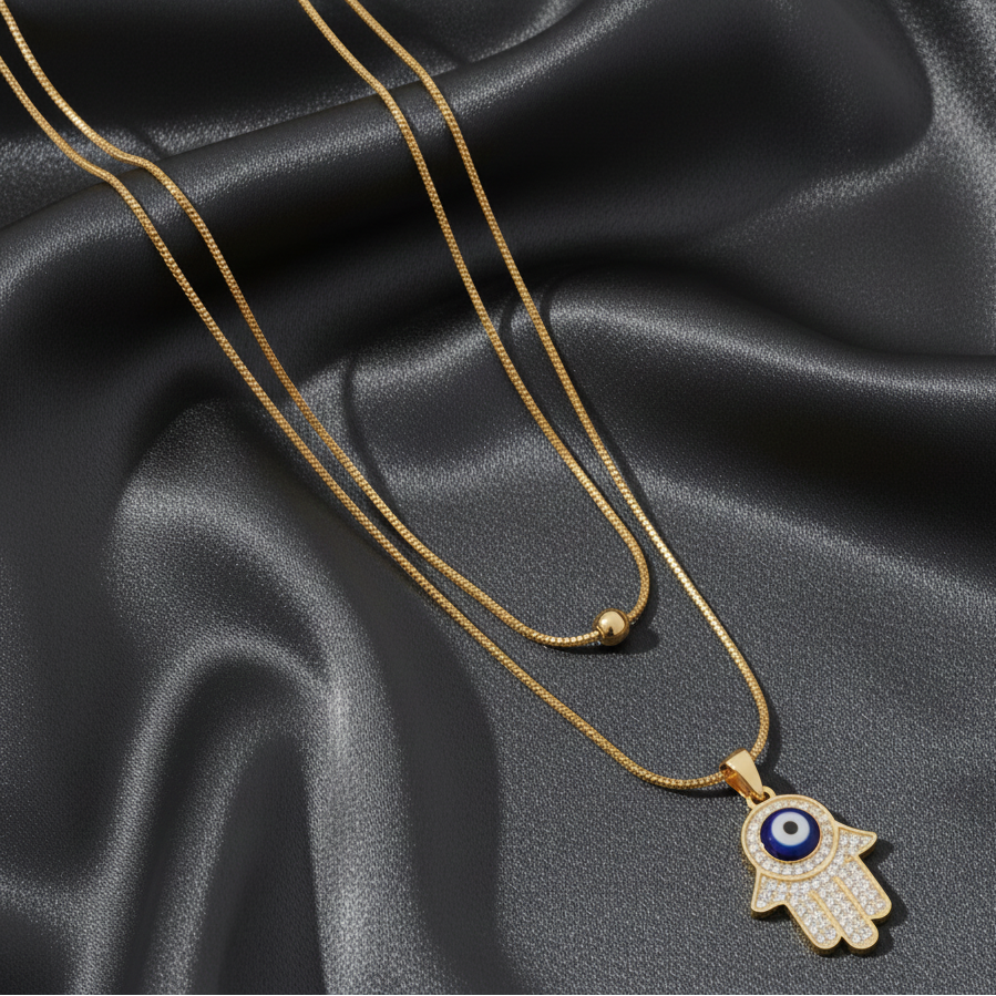 Evil Eye Hamsa Pendant Necklace | Gold Layered Chain | Trendy Protection Jewellery