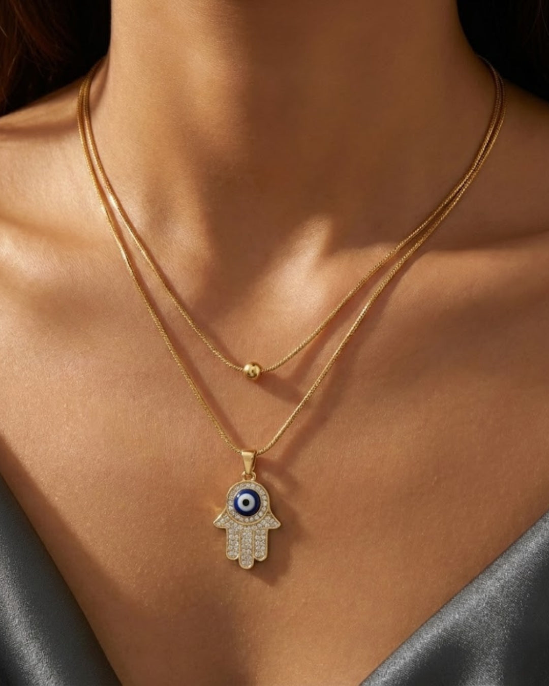 Evil Eye Hamsa Pendant Necklace | Gold Layered Chain | Trendy Protection Jewellery