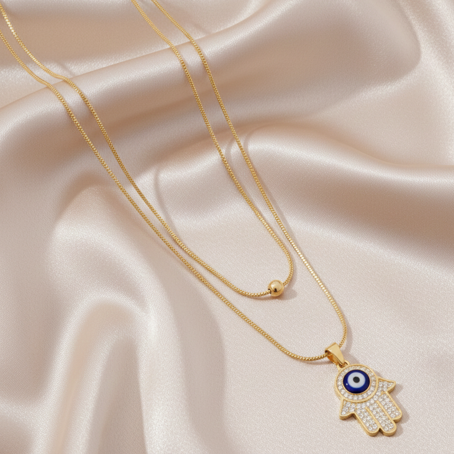 Evil Eye Hamsa Pendant Necklace | Gold Layered Chain | Trendy Protection Jewellery