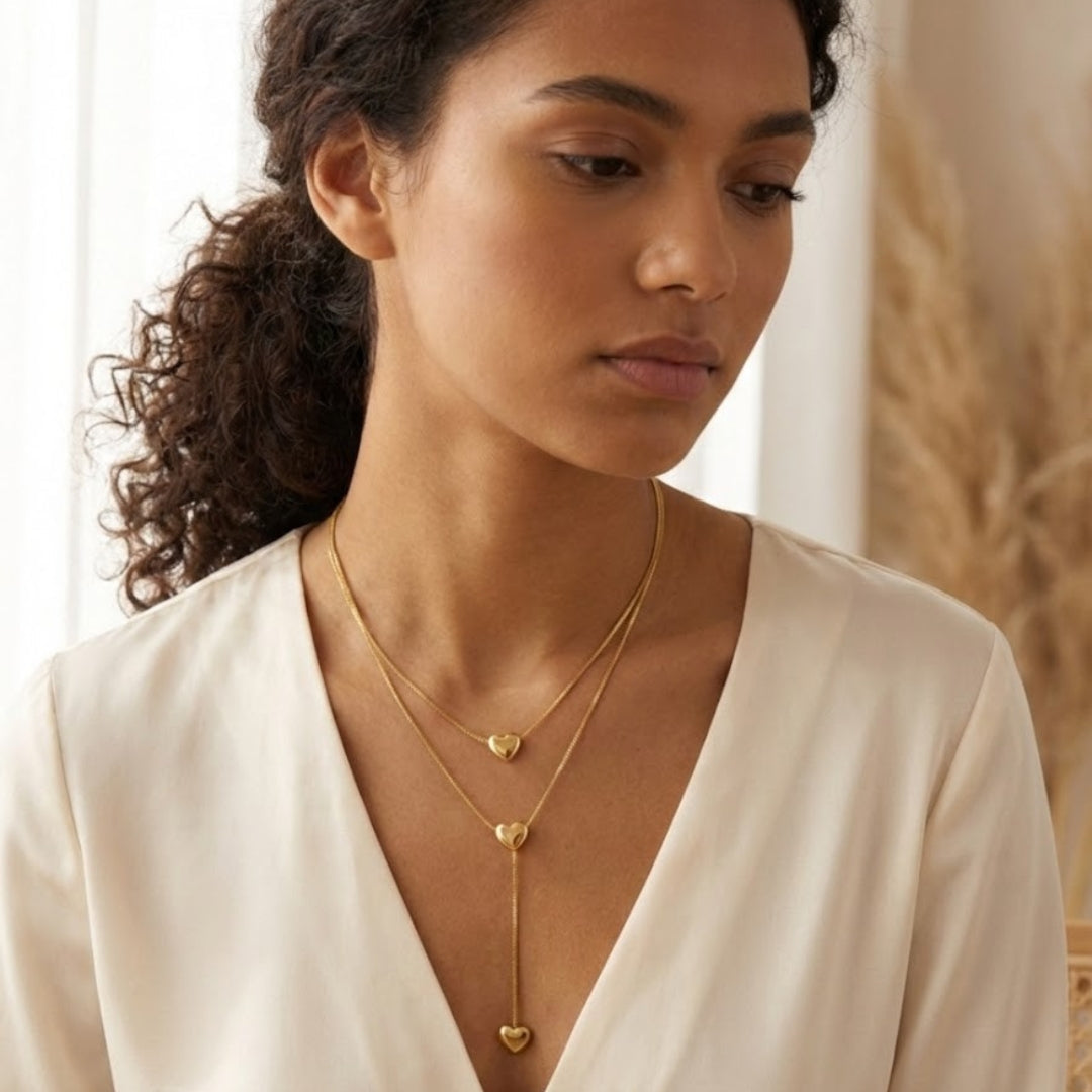 Gold Heart Lariat Necklace | Layered Adjustable Chain | Trendy Minimal Jewellery