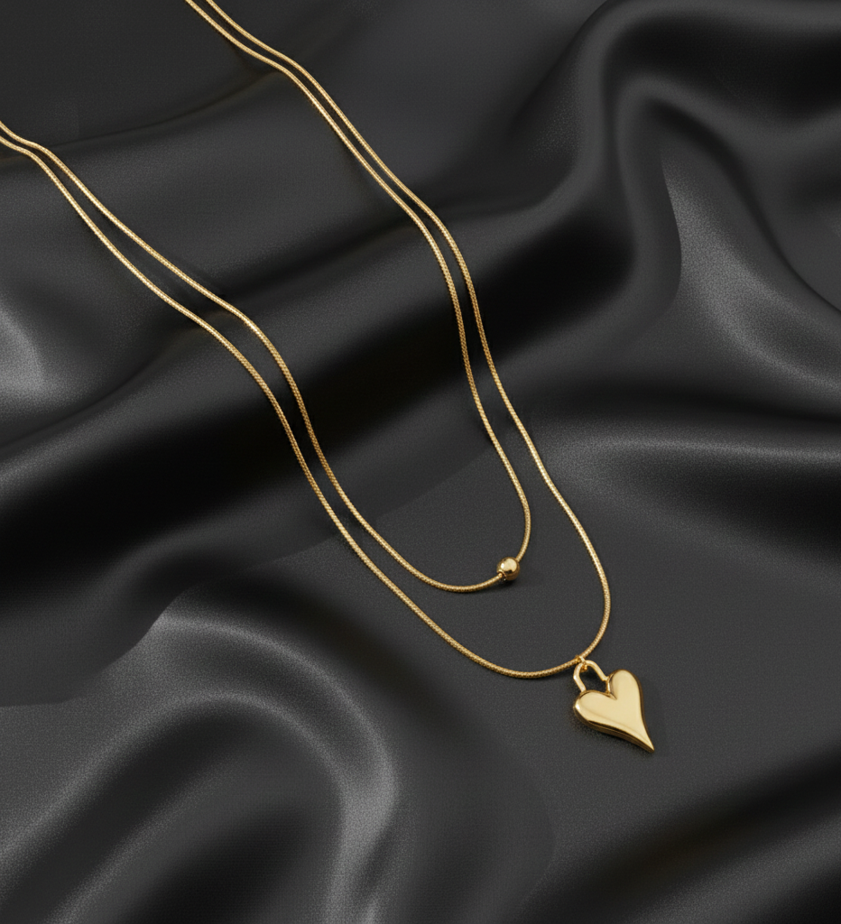 Dainty Gold Layered Heart Necklace| Minimalist Double Chain Pendant