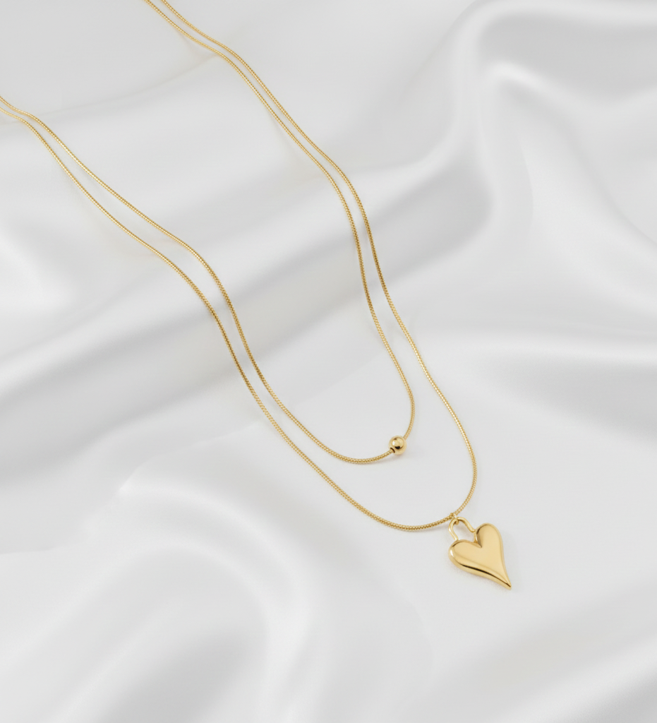 Dainty Gold Layered Heart Necklace| Minimalist Double Chain Pendant