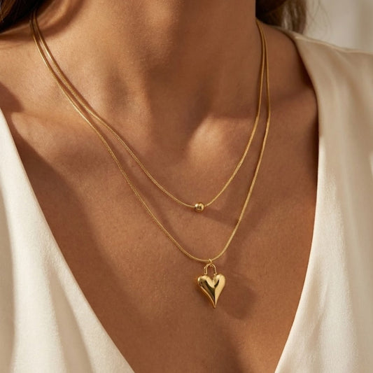 Dainty Gold Layered Heart Necklace| Minimalist Double Chain Pendant