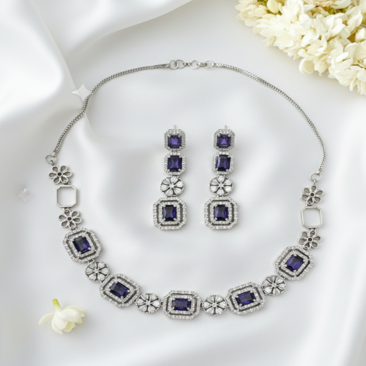 Luxury Blue AD Necklace & Earrings Set