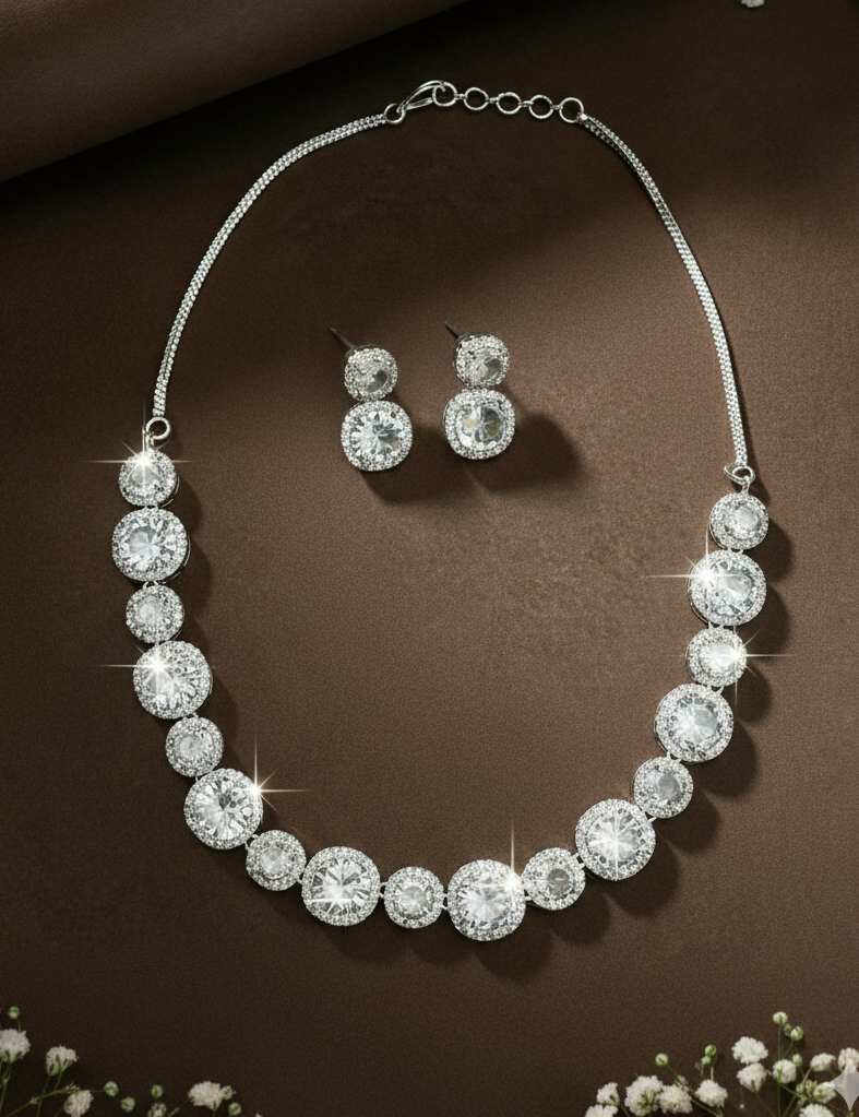 Rhodium-Plated Crystal Necklace & Earrings Set