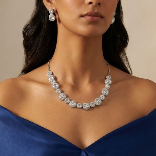 Rhodium-Plated Crystal Necklace & Earrings Set